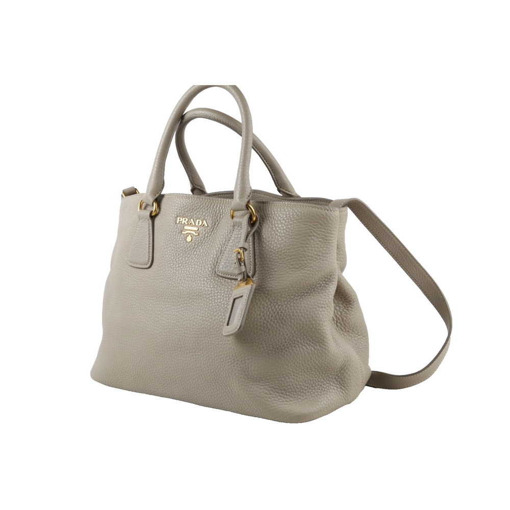 PRADA Vitello Daino Tote Taupe Gray Pebbled Grained Leather Shoulder Strap Bag - Picture 8 of 16
